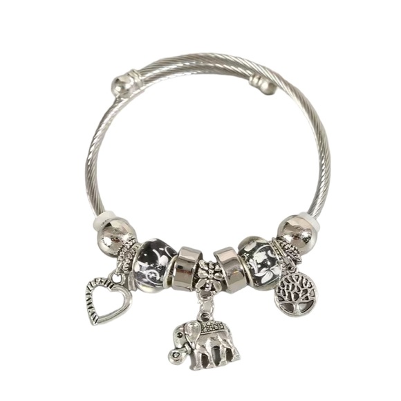 Boho Style Silver Stainless Steel Elephant Charm Bracelet - Picture 2 of 6